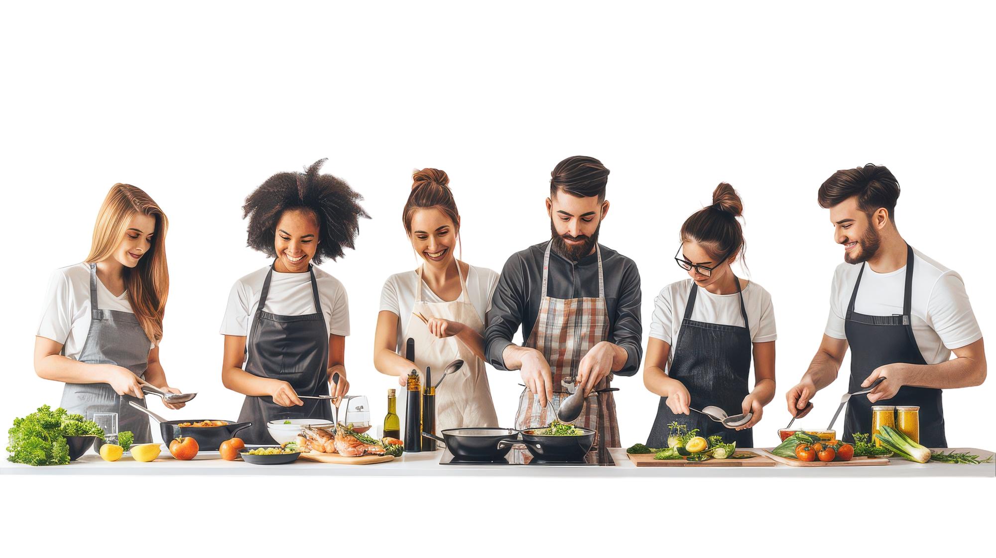 Workshop participants working at bench with chef