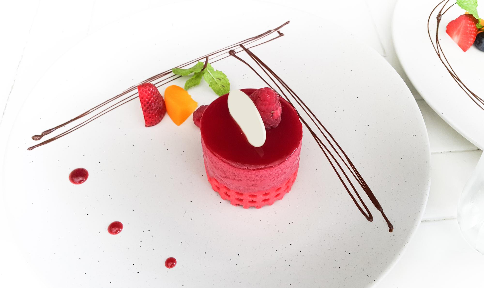 Detailed shot of plated dessert and tools